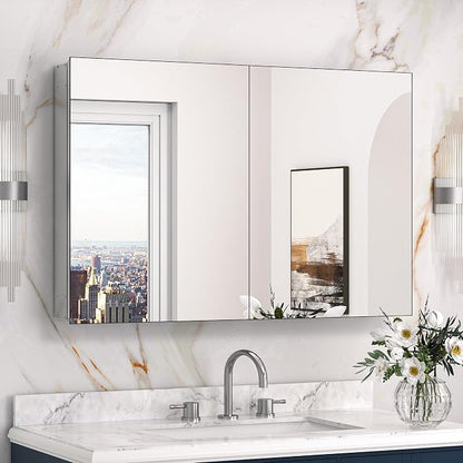 Keonjinn 36 x 24 Inch Bathroom Mirrored Medicine Cabinet, HD Tempered Glass | Lightweight Aluminum Structure, Freely Adjustable Shelves, Combined Assembly Needed, Wall Mount/Recessed Mirror with Storage