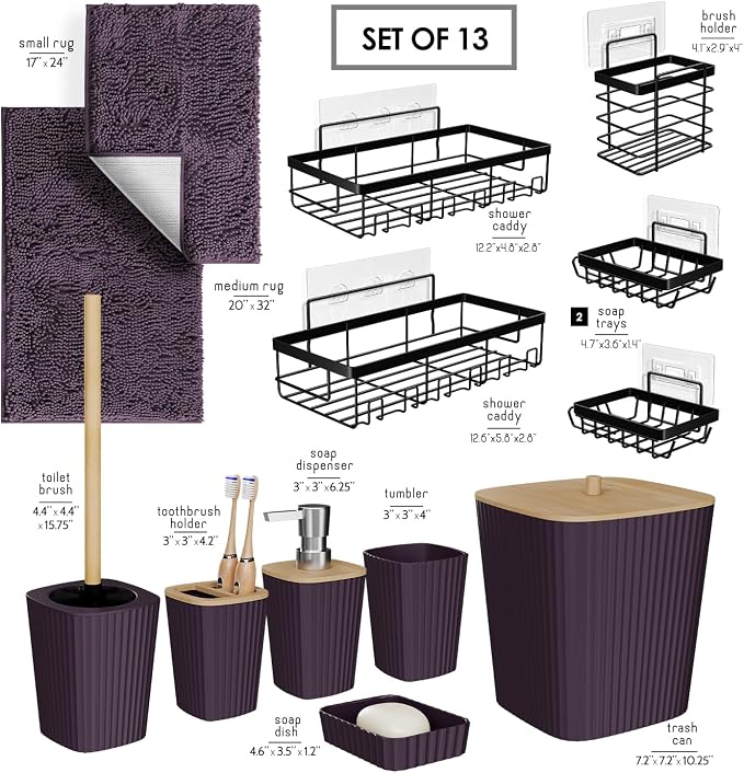 Clara Clark Bathroom Set - Purple Bathroom Accessories Set, 6PC Bathroom Accessory Set, Bathroom Sets with Bathroom Rugs, Adhesive Corner Shower Caddy Hanging, Toilet Brush, Trash Can & Soap Dispenser