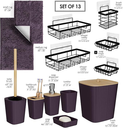 Clara Clark Bathroom Set - Purple Bathroom Accessories Set, 6PC Bathroom Accessory Set, Bathroom Sets with Bathroom Rugs, Adhesive Corner Shower Caddy Hanging, Toilet Brush, Trash Can & Soap Dispenser