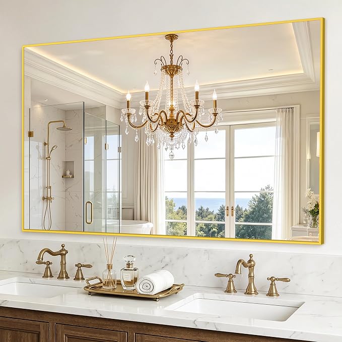 Bathroom Vanity Mirror for Over Sink, 60x36 Inch Matte Gold Mirror | Shatterproof Tempered Glass, Anti-Rust Metal Frame, Rectangle Wall Mirrors for Bedroom, Living Room & Entryway