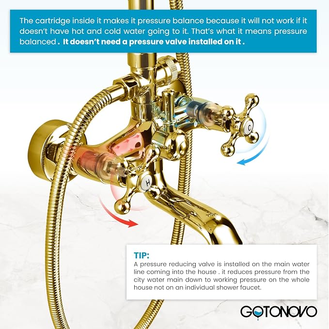 gotonovo Exposed Bathroom Shower System Two Cross Handle Polished Gold | Vintage Brass Tub Shower Faucet Set,8’’ Rain Head with Handheld Spray,Swivel Tub Spout,6’’ Hole Distance,Adjustable Height
