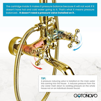 gotonovo Exposed Bathroom Shower System Two Cross Handle Polished Gold | Vintage Brass Tub Shower Faucet Set,8’’ Rain Head with Handheld Spray,Swivel Tub Spout,6’’ Hole Distance,Adjustable Height