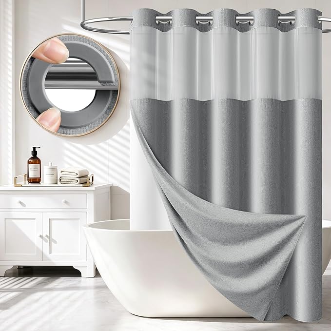 72x81 Ringless Linen Textured Shower Curtain with Snap in Liner, Grey | Tall Size, 3 in 1 Shower Curtain Set, Removable Liner, Waterproof & Washable, Mesh Top Window, Durable Fabric, Easy Setup