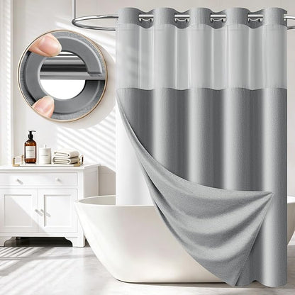 72x87 Ringless Linen Textured Shower Curtain with Snap in Liner, Grey | Extra Long Size, 3 in 1 Durable Fabric Shower Curtain, Removable Liner, Waterproof & Washable, Mesh Top Window, Easy Setup
