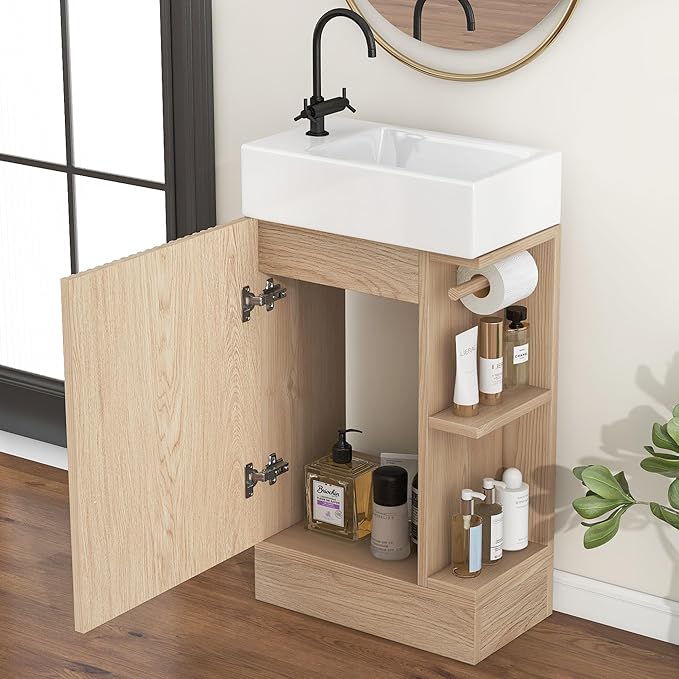 Harper & Bright Designs 18.6" Bathroom Vanity with Sink, Free Standing Single Basin Vanity Set with Storage Cabinet & Two-Tier Shelf, Wooden Bath Cabinet with Ceramic Basin for Bathroom, Natural