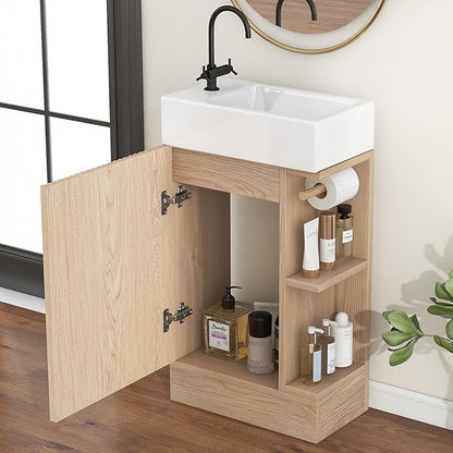 Harper & Bright Designs 18.6" Bathroom Vanity with Sink, Free Standing Single Basin Vanity Set with Storage Cabinet & Two-Tier Shelf, Wooden Bath Cabinet with Ceramic Basin for Bathroom, Natural