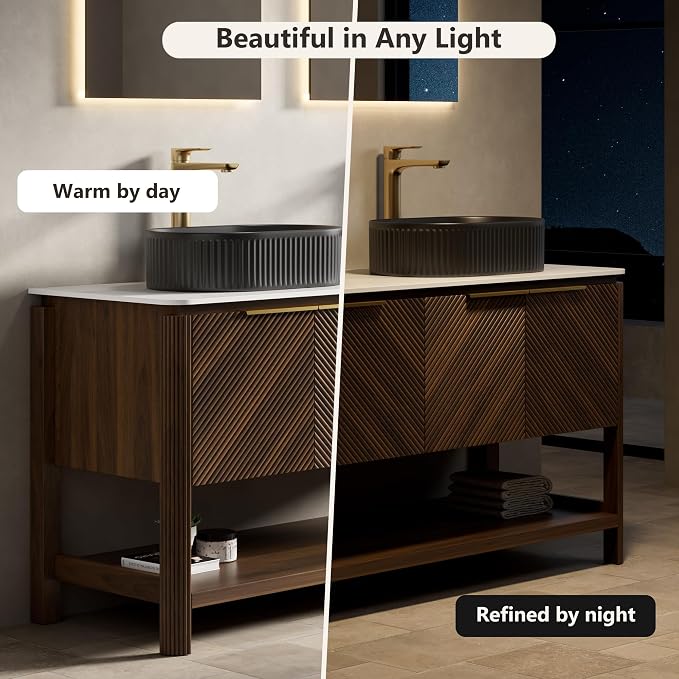 Yayzy 60 Inch Double Sink Bathroom Vanity, Dark Walnut Bathroom Cabinet with Double Matte Black Oval Vessel Sinks, Carrara White Sintered Stone Countertop, Soft Close Doors, Open Storage Shelf