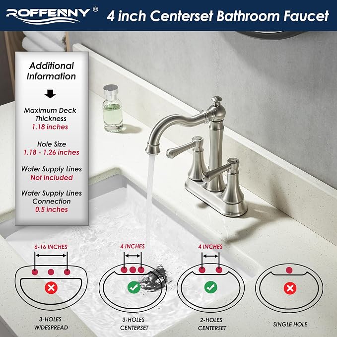 4" Centerset Brushed Nickel Bathroom Faucets for 2/3-Hole Sinks | Includes Plastic Pop-Up Drain, Classic 4" Center Set Lavatory/Bath Vanity Faucets, 2-Handle High Arc 360° Swivel Brass Spout