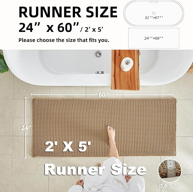 TYUU Waffle Runner Rug Bathroom, Long Boho Bath Mat Non Slip, 60x24 Khaki | Super Absorbent Quick Dry Bath Rug, Non-Slip Backing, Soft Waffle Washable Farmhouse Bathroom Mats, Tub, Shower & Home Decor