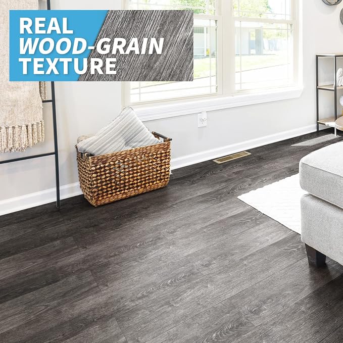 Art3d 36-Pack 54 Sq.ft Peel and Stick Floor Tiles Vinyl Plank Flooring Wood Look, Adhesive and Waterproof Tile Sticker for Bedroom, Living Room, Kitchen, RV in Ebony