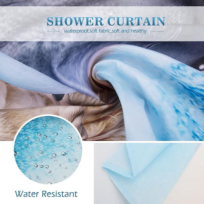 Aimego Long Funny Shower Curtain - Cute Cool Cat Riding Shark Ocean Wave Fun Fabric Cloth Shower Curtain Set with 12 Hooks for Adults Kids Bathroom Decor Accessories Bathtub Curtain, 72"x78"
