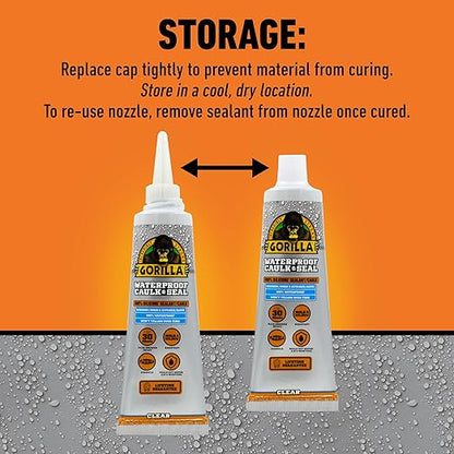 Gorilla 100% Silicone Caulk, Waterproof Sealant, 2.8oz Squeeze Tube (Pack of 1) – Clear -10 Year Mold Resistant Kitchen, Window, Bath, Marine, Door and More