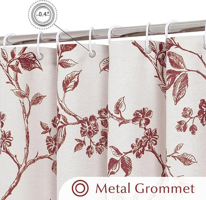 MitoVilla Burgundy Boho Shower Curtain Set, Cotton Floral Cottagecore Spring Shower Curtains for Bathroom, Modern Farmhouse Country Plant Leaves Bathroom Décor, 72" W x 72" L