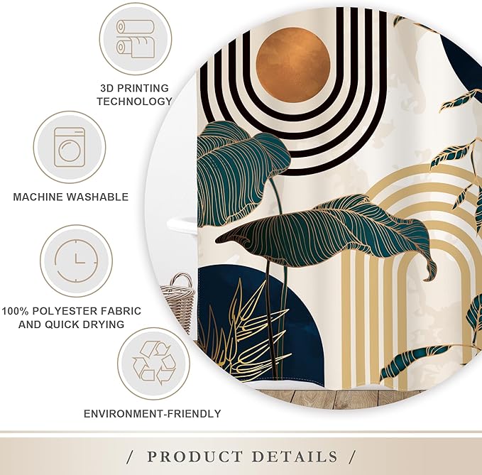 Glawry Blue Abstract Mid Century Shower Curtain Boho Retro Tropical Palm Tree Sun Arch Modern Bathroom Aesthetic Geometric 60Wx72L Inches Bath Accessories Art Home Decor Fabric 12 Pack Hooks