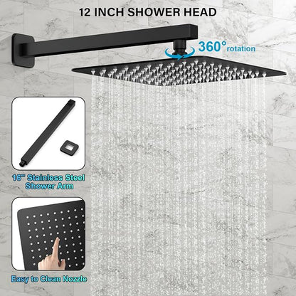 FPXRNG Shower Faucet Set Rainfall Shower System with Square Shower Head and Handle Set Rough-in Valve and Metal Trim Kit Included Matte Black 10 Inch Wall Mounted Shower Fixtures