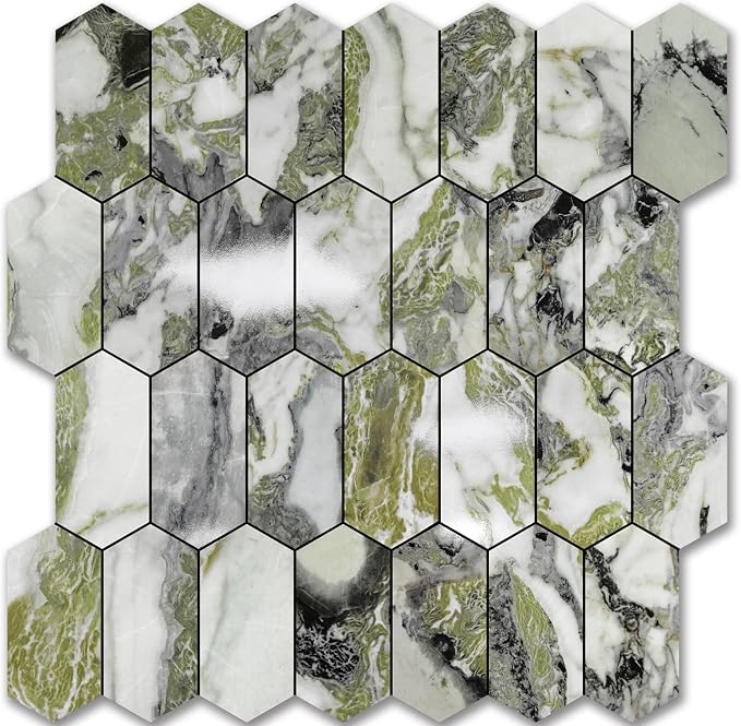 Vamos Tile Long Hexagon Peel and Stick Backsplash Tile - 10 Sheets Stick on Backsplash for Kitchen and Bathroom 12.4 x 12 Inch Glossy Ice Green PVC Self Adhesive Mosaic Wall Tiles
