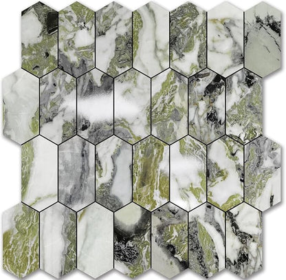 Vamos Tile Long Hexagon Peel and Stick Backsplash Tile - 10 Sheets Stick on Backsplash for Kitchen and Bathroom 12.4 x 12 Inch Glossy Ice Green PVC Self Adhesive Mosaic Wall Tiles