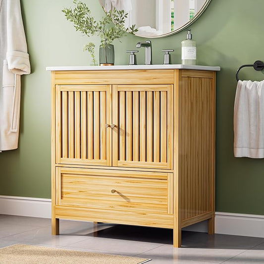 30" Bathroom Vanity with Single Sink, Solid Wooden Free Standing Bathroom Cabinet, Farmhouse Bamboo Storage Cabinet with Large Drawer, Soft-Closing Louvered Doors with Built-in Shelves