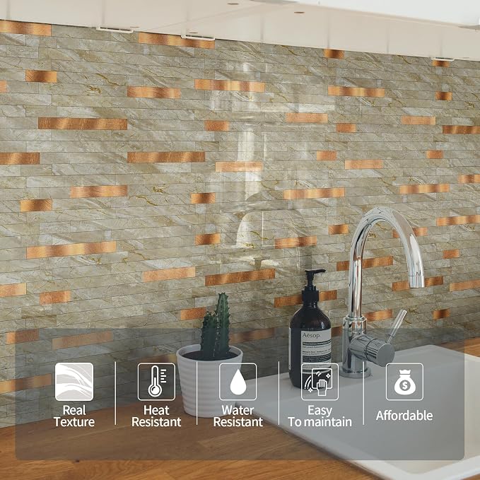 Yipscazo 20 Sheets Peel and Stick Stone Metal Tile Backsplash, Stick on Tiles for Backsplash Kitchen, Bathroom, Laundry Room, Camper, Fireplace (12'' X 12'', Polished Beige)