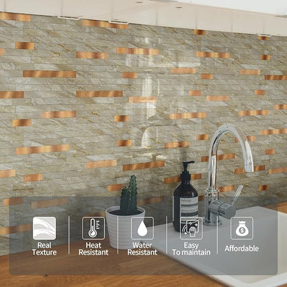 Yipscazo 20 Sheets Peel and Stick Stone Metal Tile Backsplash, Stick on Tiles for Backsplash Kitchen, Bathroom, Laundry Room, Camper, Fireplace (12'' X 12'', Polished Beige)