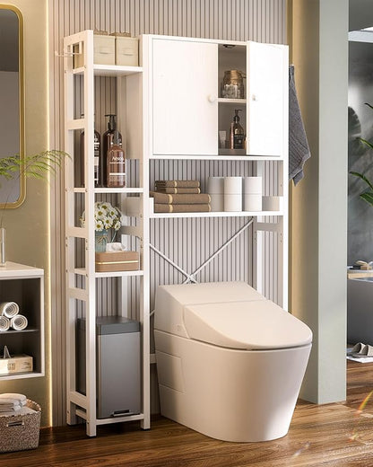 Over The Toilet Storage Cabinet with Doors - 7 Tier Bathroom Organizer with Adjustable Shelf, Freestanding Space Saver Rack Above Toilet Stand with 4 Hooks for Bathroom, Restroom, Laundry, White