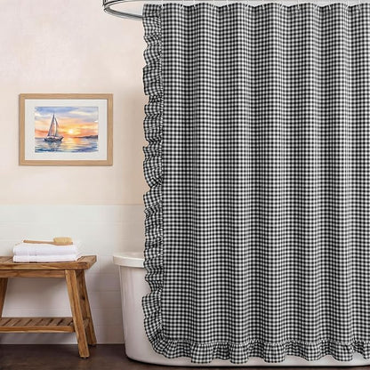 HunnmingRe Ruffled Gingham Shower Curtain Matte Black | 72'' x 72'' Vintage Farmhouse Curtain, Cotton Cottage Core Rural Checkered Plaid Decor, Fall Shower Curtain for Bathroom