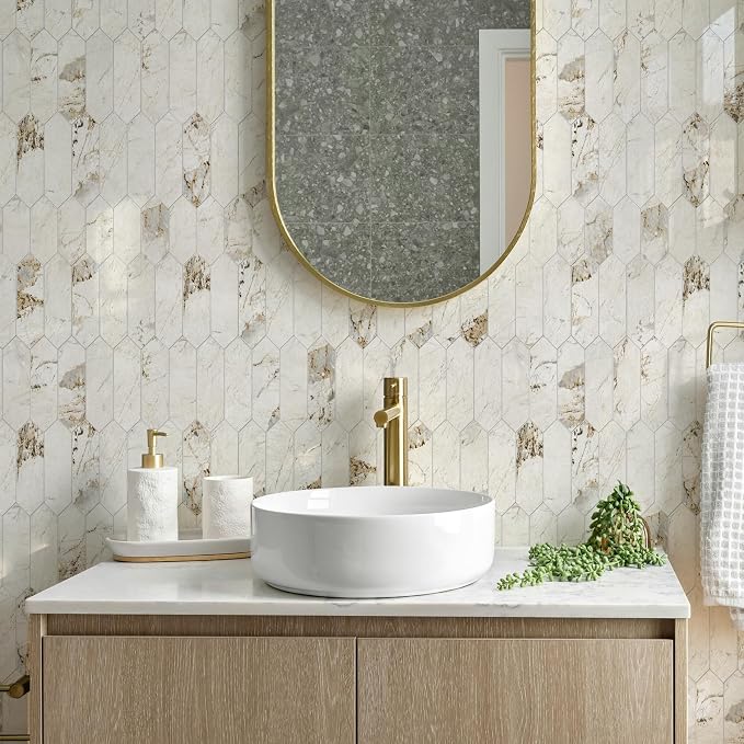 Vamos Tile Glossy Pandora Marble with Gold Veining Backsplash Tile Peel and Stick, 12.8 x 12.8 Inch 10 Sheets Long Hexagon PVC Self Adhesive Mosaic Tiles Stick on Backsplash for Kitchen and Bathroom
