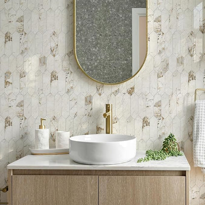 Vamos Tile Glossy Pandora Marble with Gold Veining Backsplash Tile Peel and Stick, 12.8 x 12.8 Inch 10 Sheets Long Hexagon PVC Self Adhesive Mosaic Tiles Stick on Backsplash for Kitchen and Bathroom