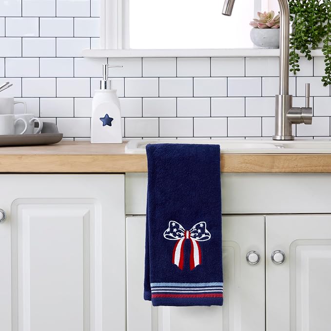 SKL Home Americana Bow Hand Towel Set-2pc, 100% Cotton, Embroidered, Navy | Fun for Memorial Day, 4th of July, Labor Day & all patriotic holidays. For use in the bathroom, kitchen or bar.