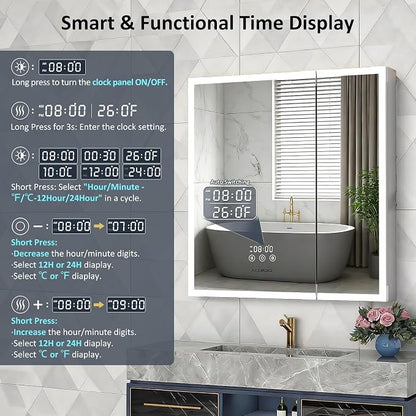 ACEMIRO 30"×32" Lighted Medicine Cabinet Mirror, Recessed Bathroom Mirror Cabinet with Lights, Defogger, Dimmer, Clock, Built-in Outlet & USB Ports, Wall-Mounted LED Bathroom Mirror, Double Door
