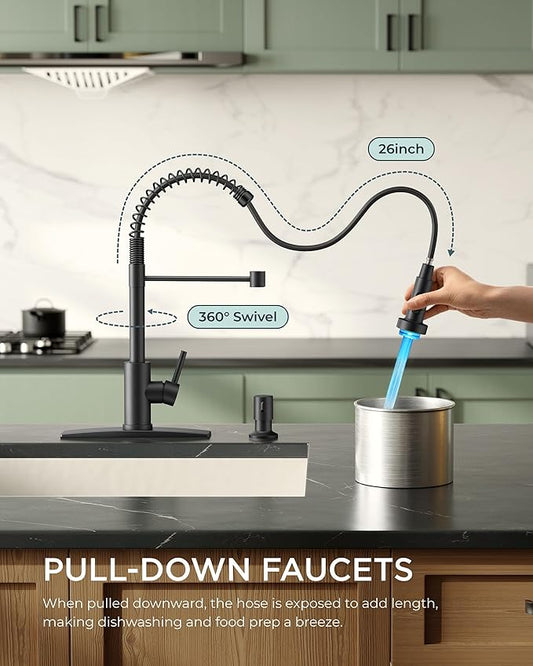 FORIOUS LED Kitchen Faucet with Pull Down Sprayer Black, Modern Single Handle Stainless Steel Commercial Spring Sink Faucet with LED Light for Pot Filler, Farmhouse Camper Bar Laundry Room
