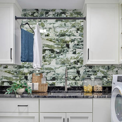 Vamos Tile Peel and Stick Backsplash, Glossy 40-Piece 3''x12'' Subway Tile | Ice Green with White Grout Wall Tile,PVC Faux Stone Stick on Subway Tiles for Kitchen,Bathroom,Laundry,Camper,Fireplace