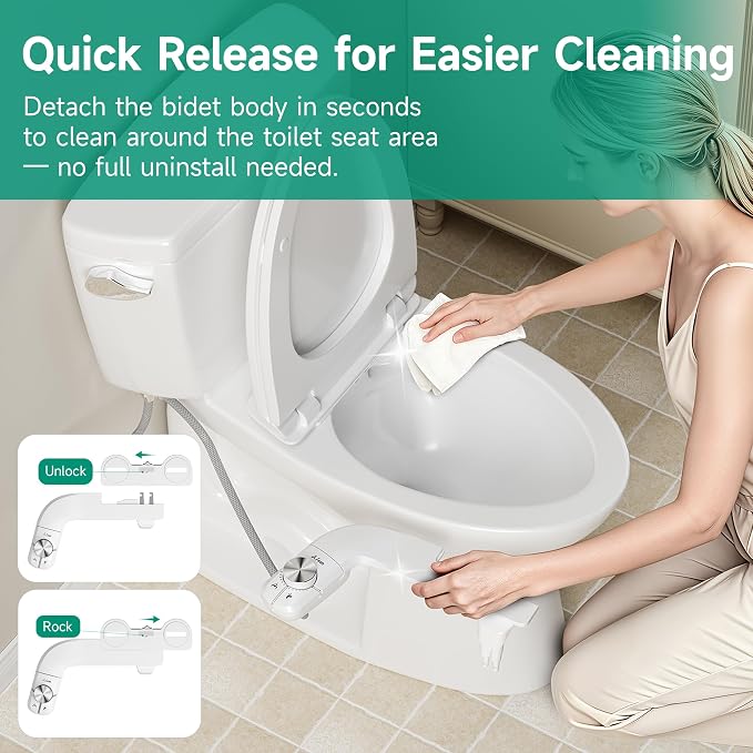 hansrapo Slim Bidet Attachment for Toilet, Dual Nozzle Fresh Water Bidet with Preset Water Pressure Control, Metal-Finish Dial Adjustment, Self-Cleaning, Quick-Release Non-Electric Bidet Attachment | Preset Water Pressure, Self-Cleaning button, one qui...