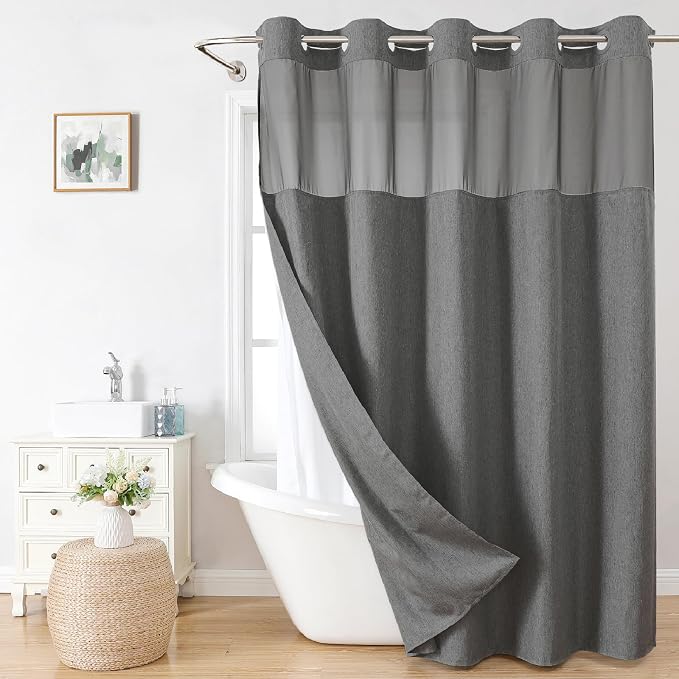 eachope No Hook Fabric Shower Curtain with Snap-in Liner,71x74Charcoal Grey | Linen Texture,230GSM Thick Fabric,Hotel Luxury Decor,Mesh Window,Bottom magnetic ,Waterproof & Machine Washable,for Bathroom