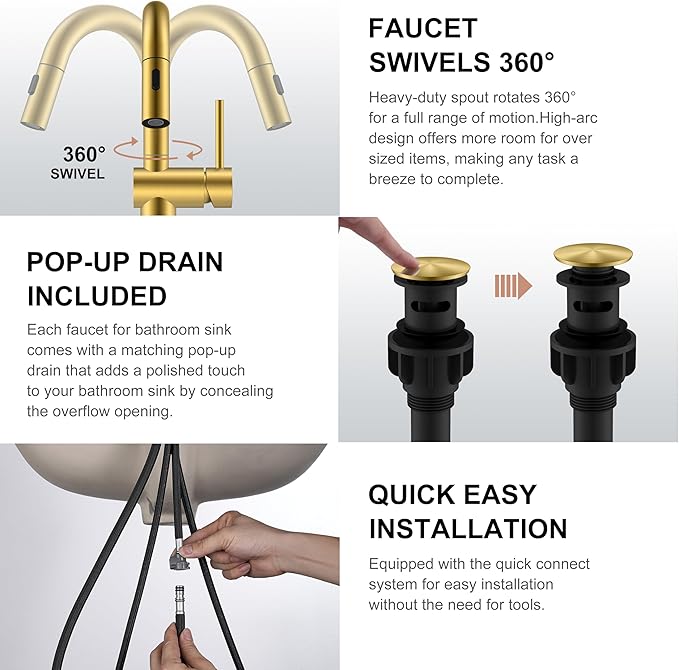 KENES Brushed Gold Single Handle Bathroom Faucet with Pull Out Sprayer, Pull Down Bathroom Sink Faucet with Sprayer, Vanity Bar Faucet with Pop Up Drain & Deck Plate, KE-9065B-4