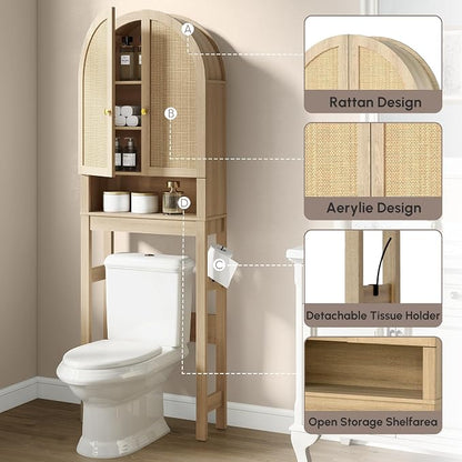 HMstone Over The Toilet Storage Cabinet, Arched Bathroom Organizer and Storage with Rattan Doors and Adjustable Shelf, Space-Saving Freestanding Bathroom Modern Storage Cabinet Over Toilet (Natural)