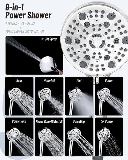 Filtered Handheld Shower Head for Hard Water, High Pressure Showerhead with 7 Spray Modes, Power Jet & Pause, Detachable & Adjustable for Healthier Skin & Hair - Chrome(VMASSTONE HM-003)