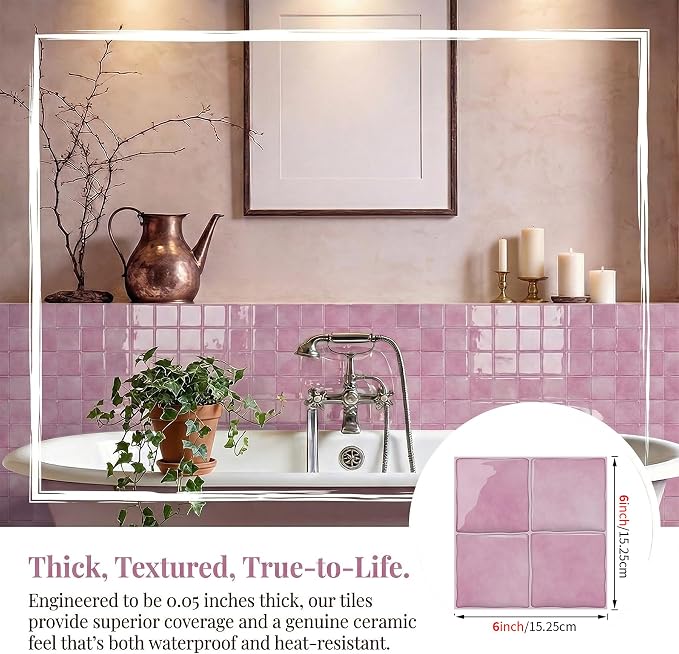 Blush Pink 4 Sheets 6x6 Inch Peel and Stick Subway Tile Backsplash, Self Adhesive Wall Tiles for Kitchen Bathroom, Thick Waterproof Heat Resistant, Easy Install No Grout, Renter Friendly