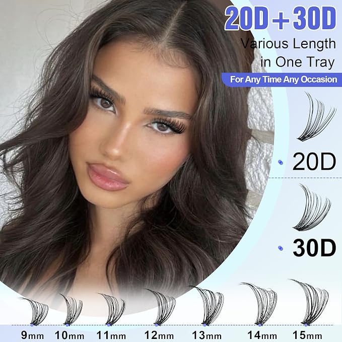 Lash Extension Kit DIY 280pcs Individual Lash Clusters Kit 20D&30D Natural 9-15mm Cluster Eyelash Extensions Kit with Lash Bond and Seal, Tweezers for Self Use (20D&30D, 0.07D, 9-15mm, Kit)