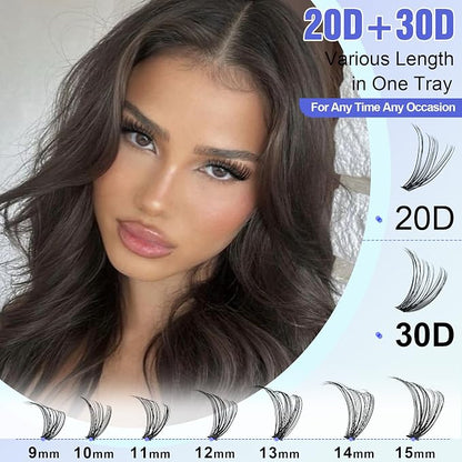 Lash Extension Kit DIY 280pcs Individual Lash Clusters Kit 20D&30D Natural 9-15mm Cluster Eyelash Extensions Kit with Lash Bond and Seal, Tweezers for Self Use (20D&30D, 0.07D, 9-15mm, Kit)