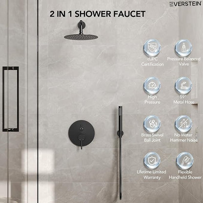 10" High-Pressure Rainfall Shower System with Handheld Spray, Wall Mount Bathroom Shower Faucet Set (Matte Black)
