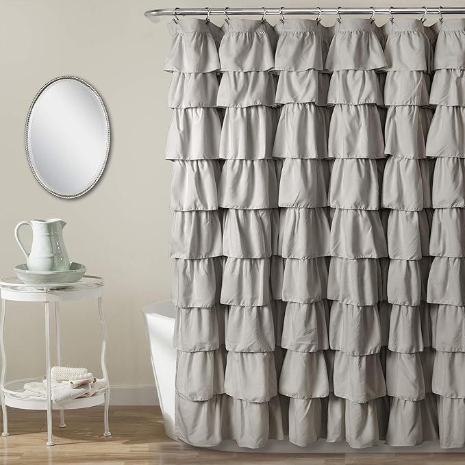 Lush Decor Ruffle Shower Curtain | Floral Textured Vintage Chic Farmhouse Style Design, Light Gray, 72" x 72"