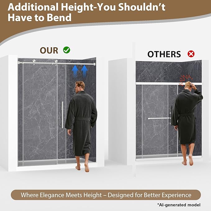 61-66" W x 76" H Frameless Sliding Shower Doors Brushed Nickel | 1/4''(6mm) Tempered Glass,Explosion Proof Film,Nano Coating,Stainless Steel Hardware,Easy to Clean,Customizable Width