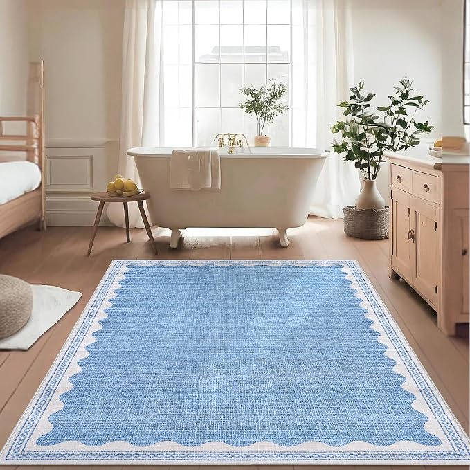Garvee Entryway Rug 3x5 Washable Bordered Modern Rug Foldable Low Pile Blue | Stain-Resistant Carpet Ultra Soft Non Slip Lightweight Rugs Indoor Non-Shedding Mat for Kitchen Bedroom Nursery Entrance