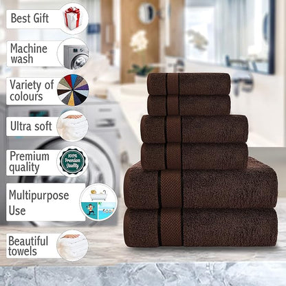 6 Piece Luxury Bathroom Towels Set - 100% Cotton, Dark Brown/Chocolate, Includes 2 Bath Towels, 2 Hand Towels, and 2 Washcloths - Quick Dry, Absorbent, Plush, Soft | 100% Cotton • Thick & Plush • Hotel Quality • Ultra Soft • Highly Absorbent • Quick Dr...