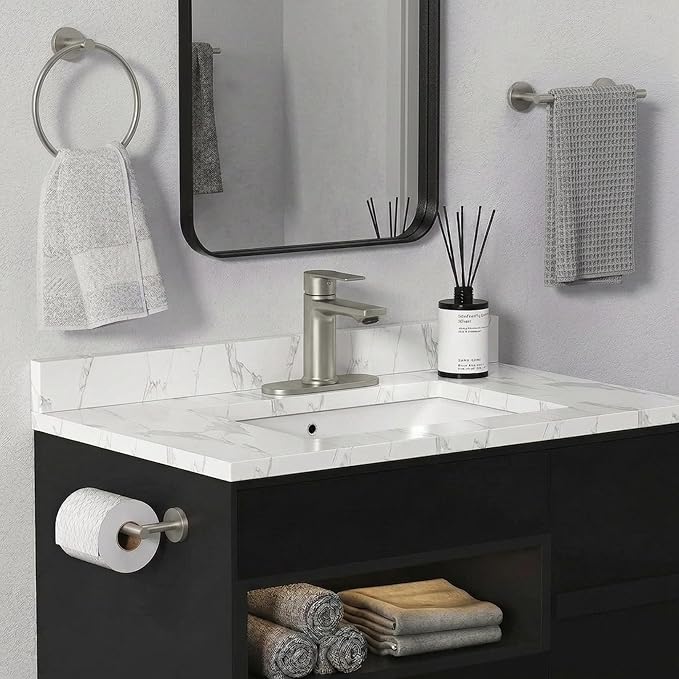 BELZ Nickel Bathroom Faucet, Lead-Free 1 or 3 Hole (4") Vanity Sink Faucet | NSF372 Compliant, Anti-corrosion Coating, 6'' Single Handle Sink Faucet with pop-up drain & hot/cold hoses, Easy DIY Install