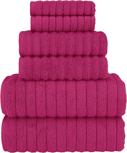 Elegant Comfort 100% Turkish Cotton Corduroy Ribbed Luxury Bath Towels 6-Piece Set, Premium Feel - Quick Dry, Highly Absorbent, Contains 2 Bath Towels, 2 Hand Towels, and 2 Washcloths, Hot Pink