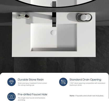 SJ Star&Jane 35" x 19" in Solid Surface Bathroom Sink, Wall-Mount or Countertop Vessel Sink, Rectangle Floating Vanity Sink, Pre-installed Faucet Holes, Durable Modern Design