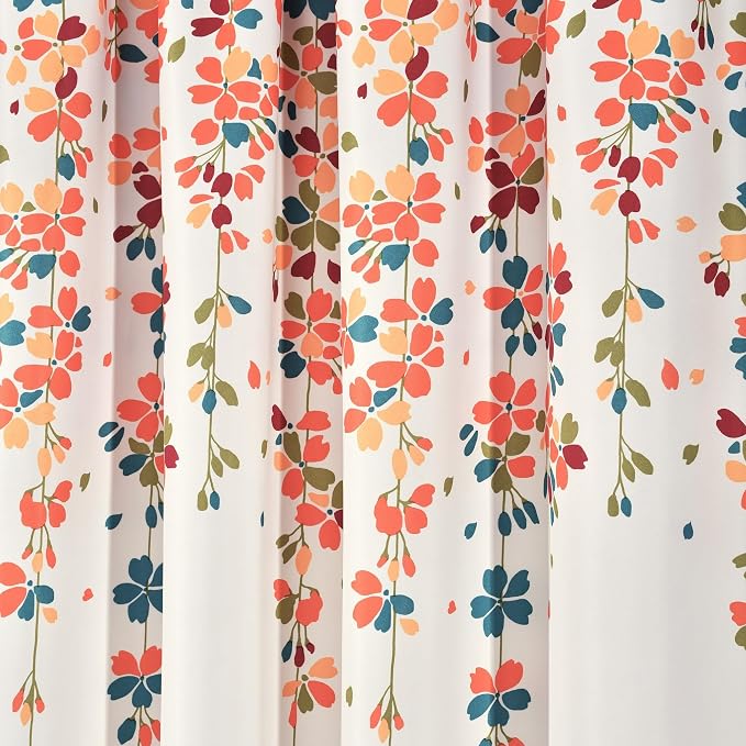 Lush Decor Weeping Flower Light Filtering Window Curtain Panels, Pair, 52"W x 63"L + 2" Header, Turquoise & Tangerine - Charming Modern Floral Curtains for Living Room, Dining Room, & Bedroom