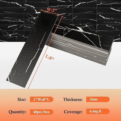 80-Piece Black Marquina Peel and Stick Backsplash Tile, 2"x 8" PVC Subway Tiles, Stick on Backsplash for Kitchen/Bathroom/Fireplace